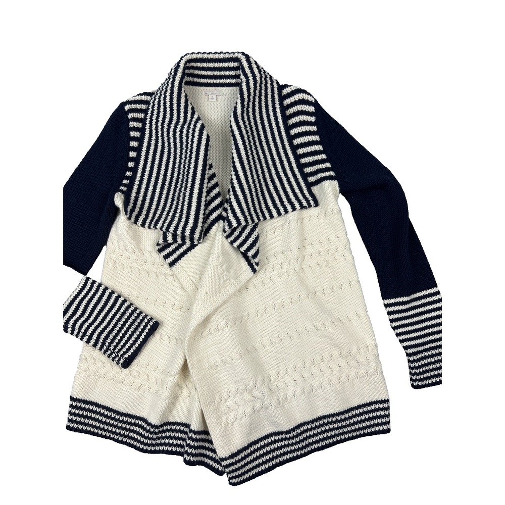 GAP Womens Medium Open Cardigan Cable Knit Stripes Wool Blend Shawl Collar Navy